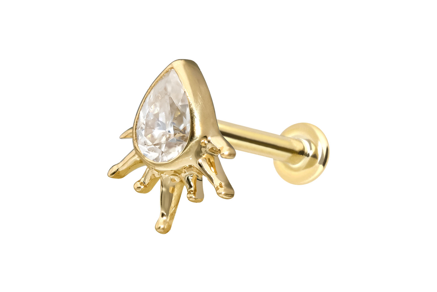 14 Karat Gold Labret Piercing mit Innengewinde MOISSANIT-TROPFEN + SONNENSTRAHLEN